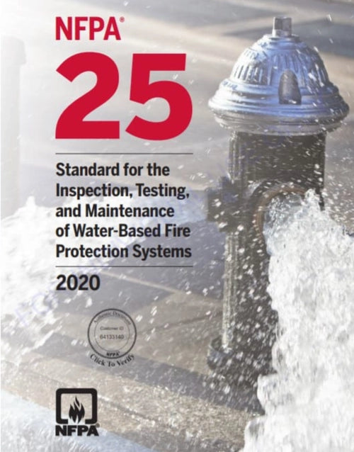 NFPA 25 standard document for water-based fire protection inspection, testing, and maintenance, shown in digital format.