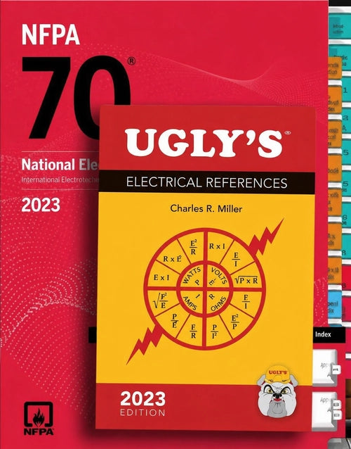 NFPA 70 National Electrical Code 2023 paperback with spiral Ugly’s Electrical Reference book featuring index tabs, ideal for electricians.
