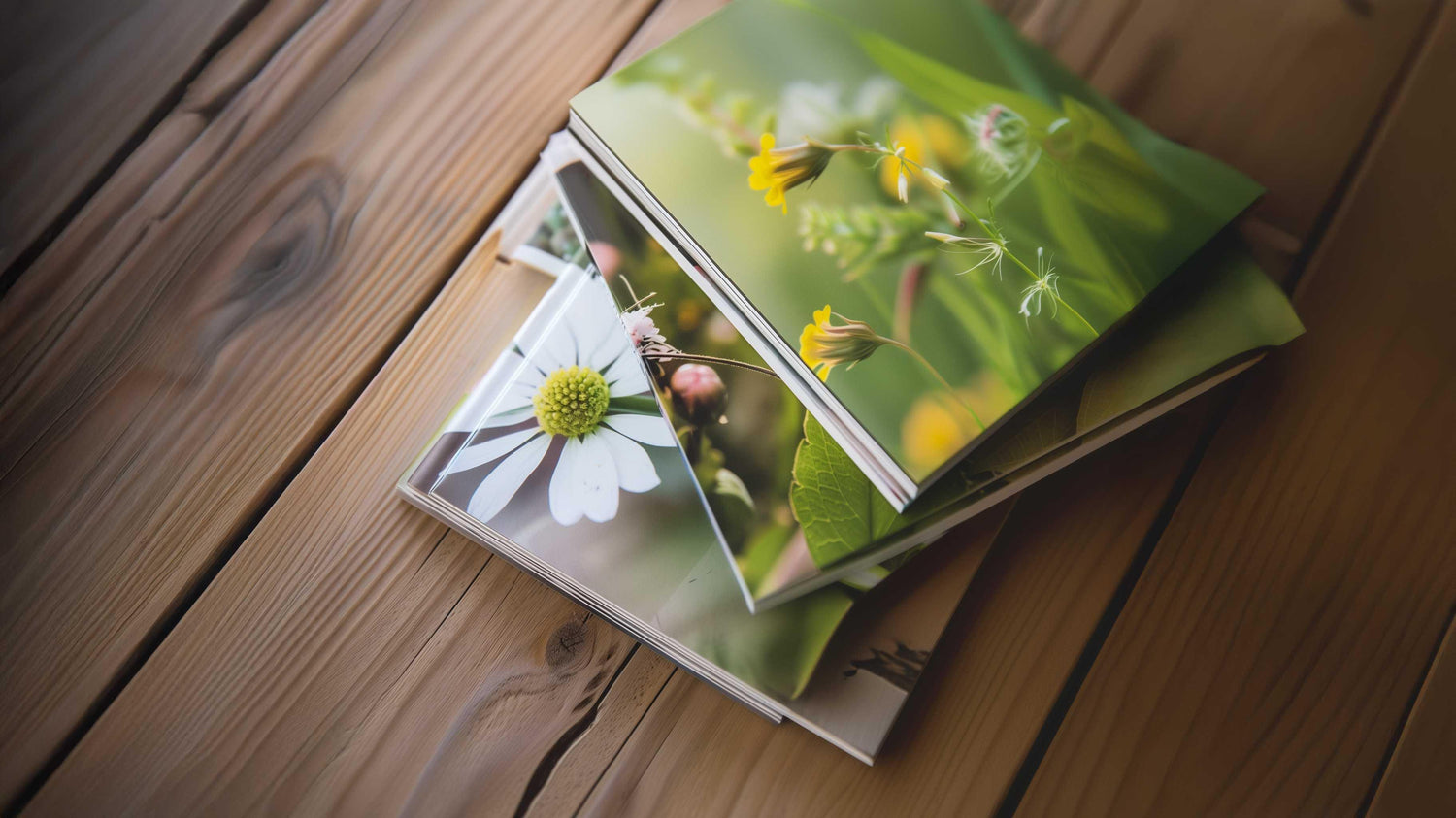 Nature photography books with floral covers stacked on wooden table, ideal for botany enthusiasts and gardeners