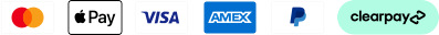 Collection of payment logos including Mastercard, Apple Pay, Visa, American Express, PayPal, and Clearpay.